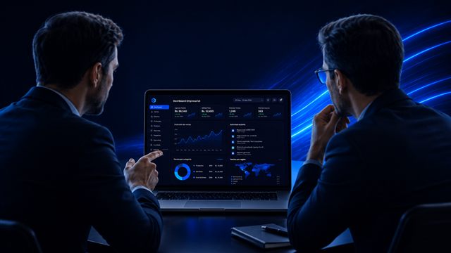 Ejecutivos analizando un dashboard empresarial en tiempo real